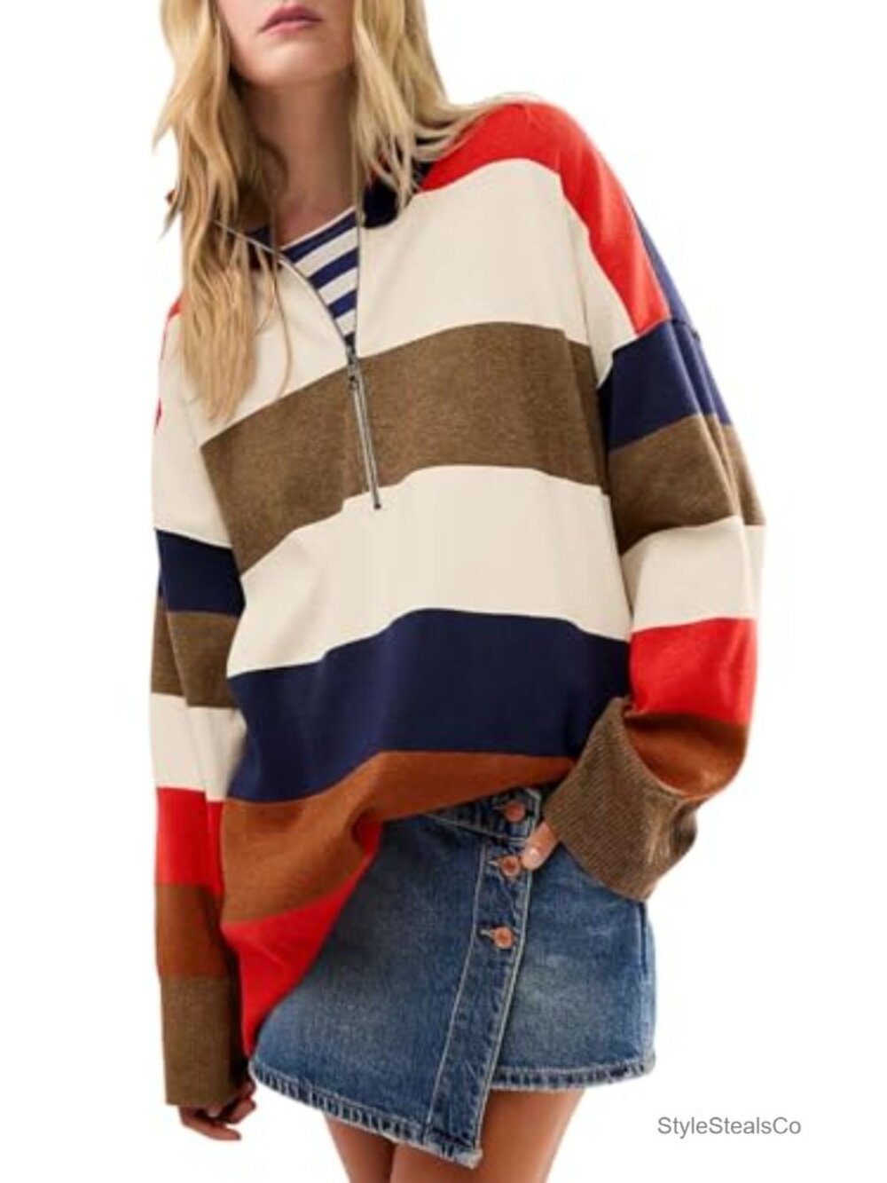 Womens Striped Oversized Half Zip V-Neck Turtleneck Pullover Sweater